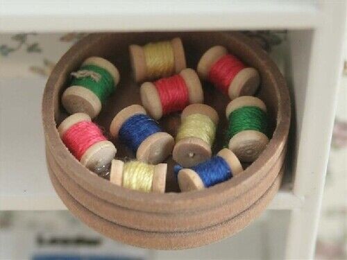 Round Box of Reels, Dolls House Sewing Room Accessory, Miniature, 1.12 Scale