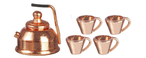 Copper Kettle With Copper Mugs, Dolls House 1.12 Scale Miniature, Cups