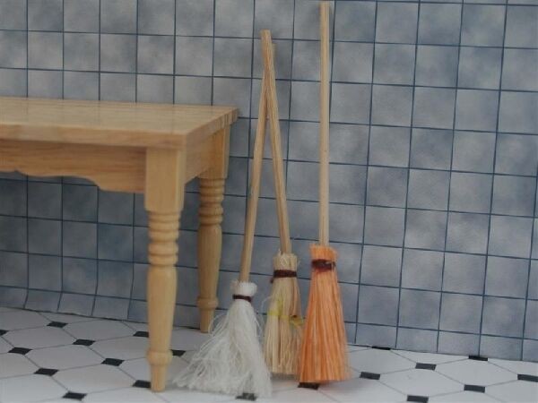 Set Of Three Wooden Brooms, Dolls House Miniatures, Sweeping Brushes