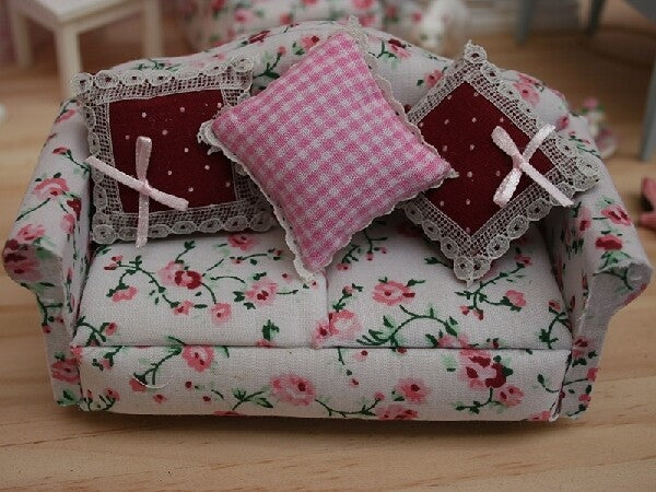 Floral Sofa With Three Cushions, Dolls House Miniature, Furniture, Settee