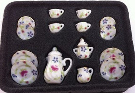 17 Piece Coffee Set With Floral Pattern, Dolls House Miniatures, Dining, UK Tea