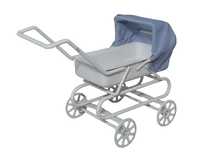 Blue Hooded Pram, Dolls House Miniatures Nursery 1/12 scale, Metal