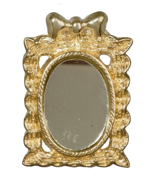 Small Oval Mirror, Dolls House Miniature, Metal Wall Decor, Golden