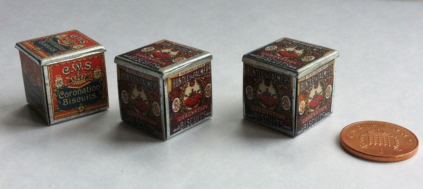 Three Biscuit Tins Kitchen Food Drink Dolls House Miniature 1.12 Scale