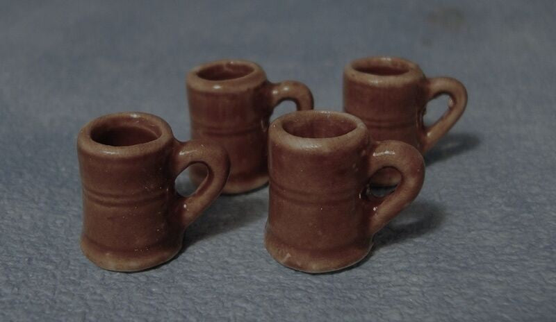 Set of Four Brown Mugs, Dolls House Miniatures, Kitchen Pub accessory 1.12 Scale