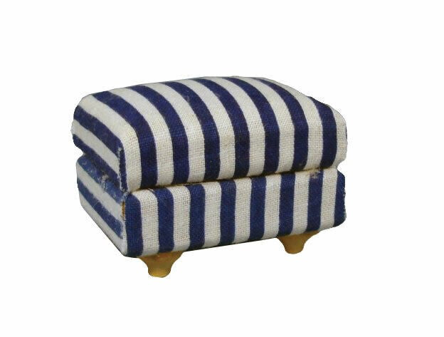 Blue & White Striped Cushioned Footstool, Dolls House Miniature 1.12 Scale