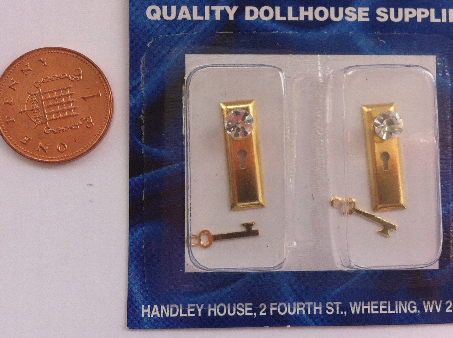Diamond Door Handles & Keys, Pair Dolls House Miniatures Crystal Knobs Key