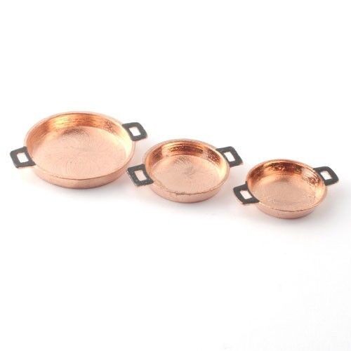 Set Of Three Copper Flat Pans, Dolls House Miniatures Kitchen Pots & Pans
