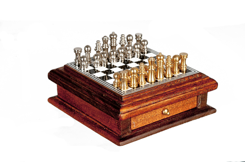 Chessboard With Drawer & Pieces, Dolls House Miniature 1.12 Scale Miniatures