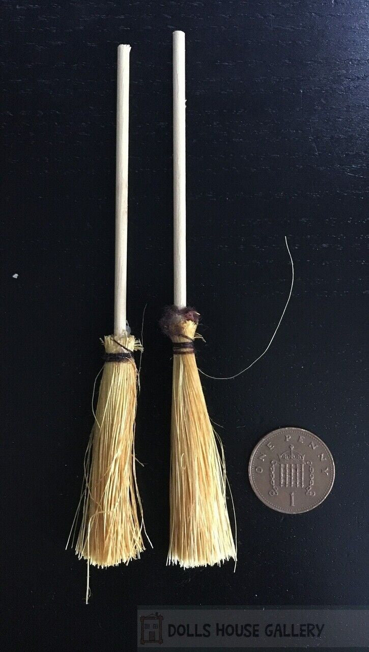 Two Wooden Brooms / Brushes, Dolls House Miniature, 1.12 Scale Brush, Broom