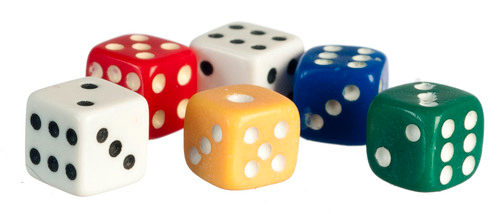 Six Tiny Coloured Dice 5mm, Doll House Miniatures 1.12 Scale