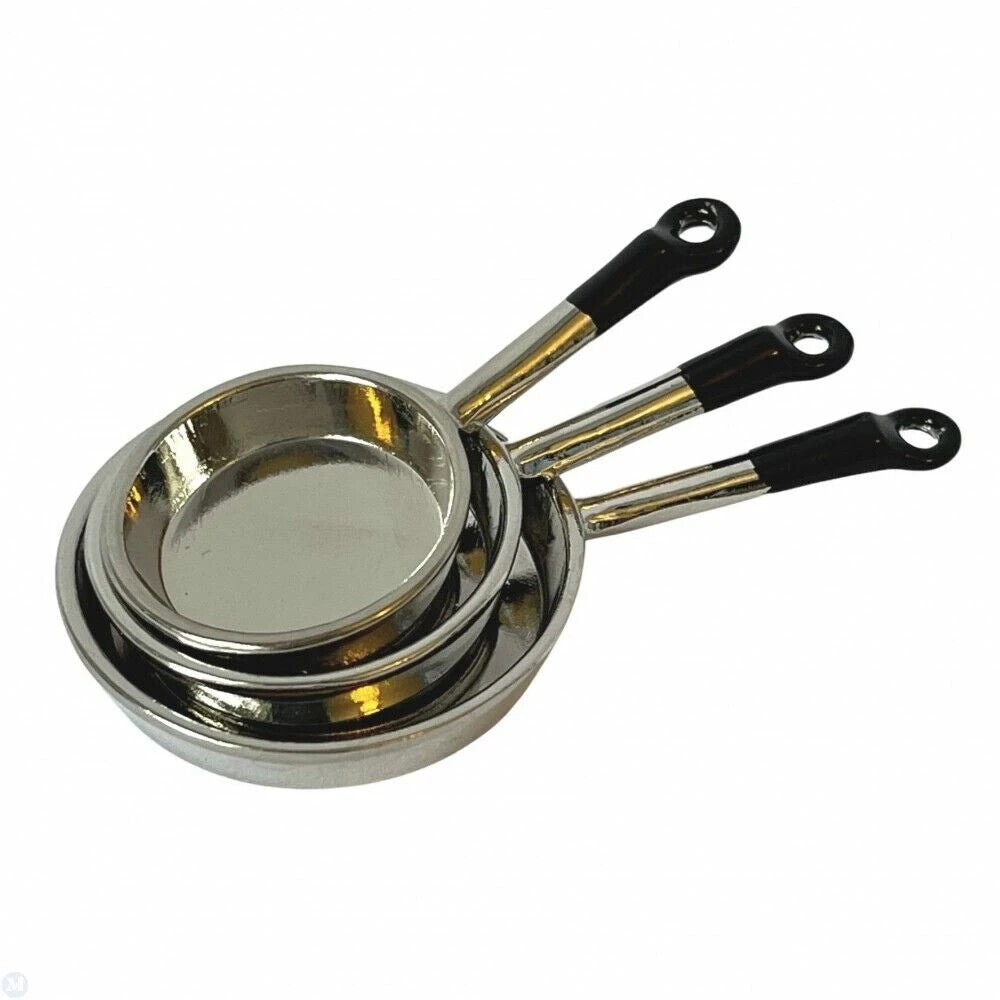 Three Chrome Frying Pans, Dolls House Miniature, Kitchen Accessory 1/12 Scale