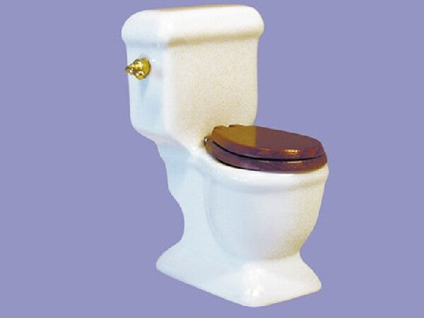 Porcelain Toilet / Lavatory With Brown Seat, Dolls House Miniature