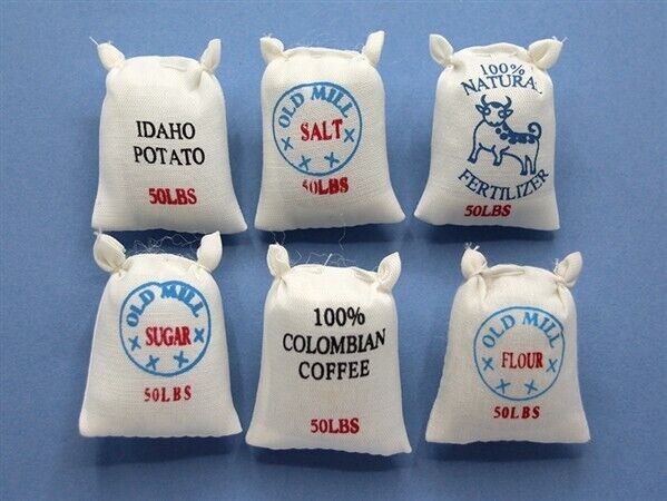 Set of Six Assorted Food Sacks, Dolls House Miniature Accessory