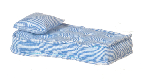 Single Mattress with Pillows Blue & White Striped Dolls House Miniature Bedding