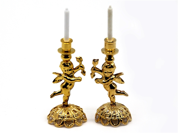 Pair Of Gold Cherub Candlesticks, Dolls House Miniature Home Decor Candles