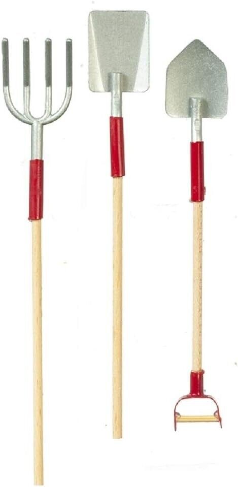 Set of 3 Garden Tools Red, Dolls House Miniature, Spades Fork 1.12 Scale