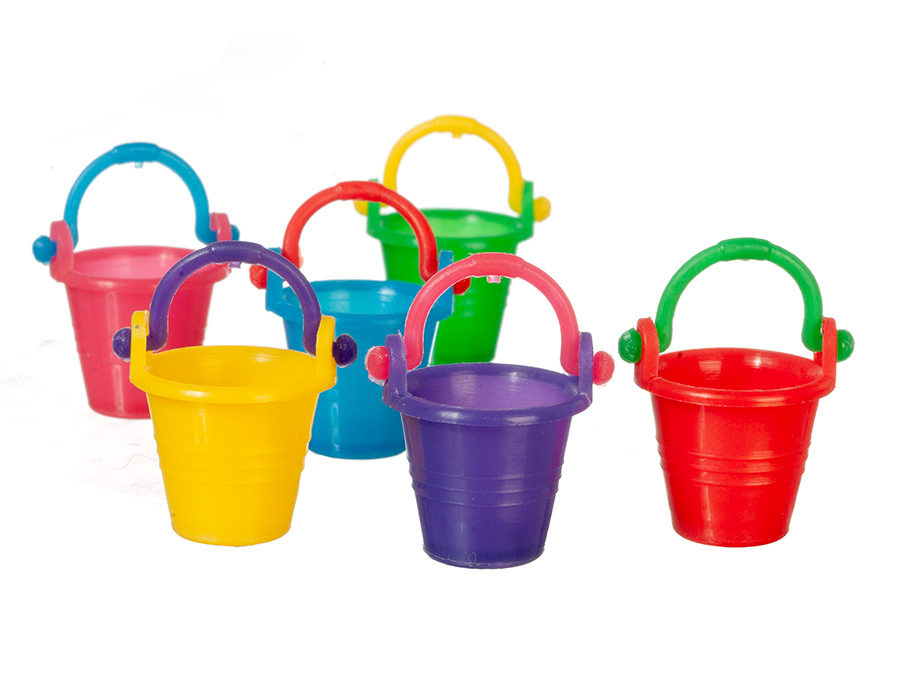 6 Seaside Buckets, Dolls House Miniature, Sand Castles, Beach Scene, 1.12 Scale