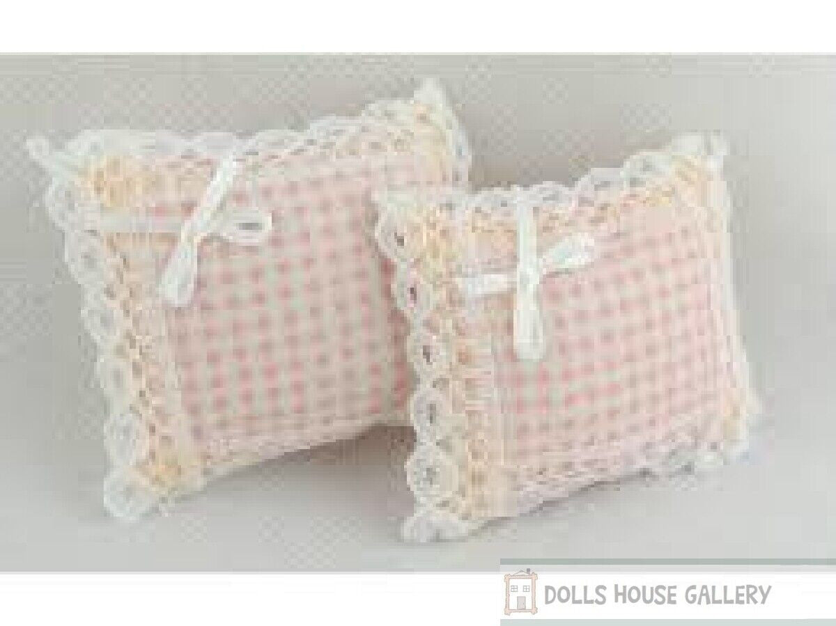 Pair of Cushions Pink Gingham, Dolls House Miniature, Decor Sofa Settee