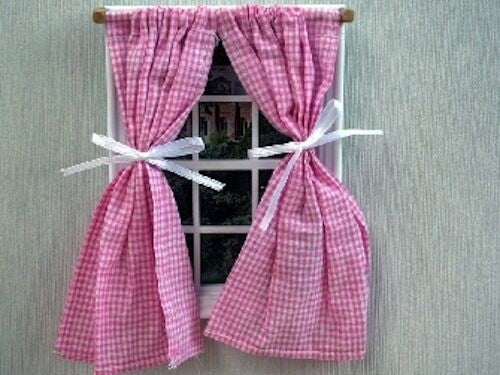 Pink & White Checked Curtains Dolls House Miniatures home decor furnishing