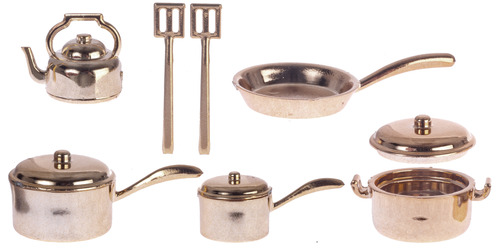 Bronze Kitchenware Pots & Pans Set, Dolls House Miniature, Kitchen