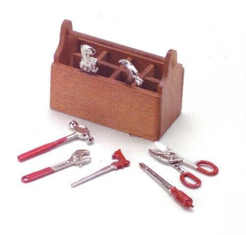 Wooden Toolbox & Tools Dolls House Miniatures, Miniature Spanner Hammer Wrench