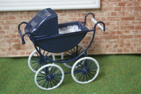 Navy & white pram, dolls house miniatures nursery 1/12 scale, metal