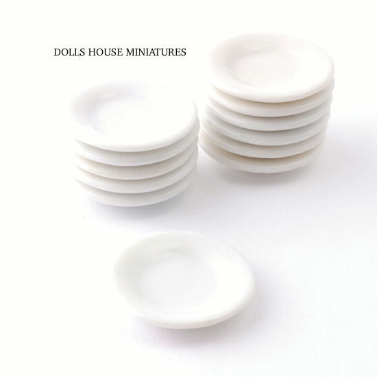 Dolls House Miniatures, Twelve White Dinner Plates, Porcelain Meal Plates