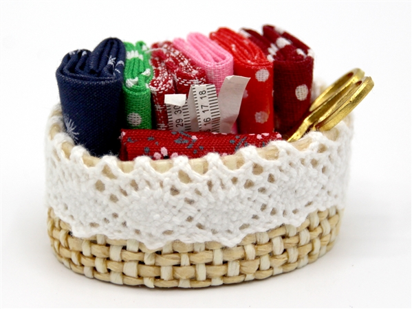 Frilly Sewing Basket With Accessories, Dolls House Miniature, Sew Room