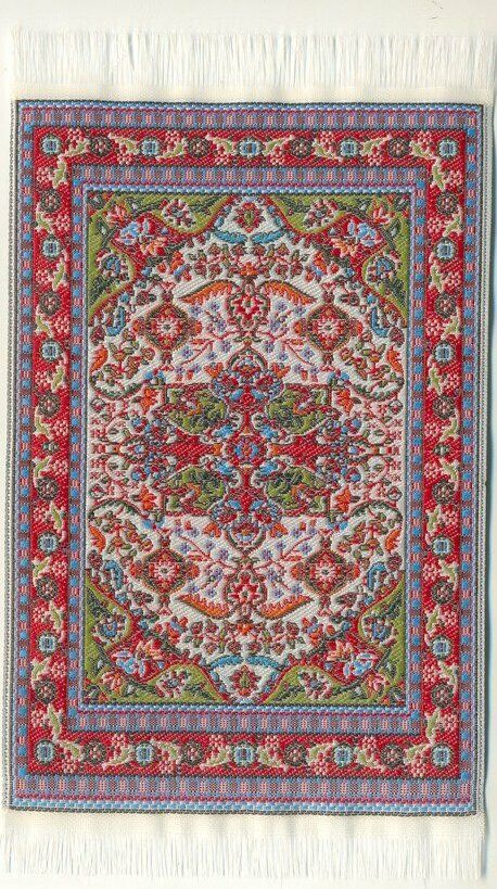 Medium Woven Rug Red Green 25cm x 15cm, Dolls House Miniature, Floor Decor