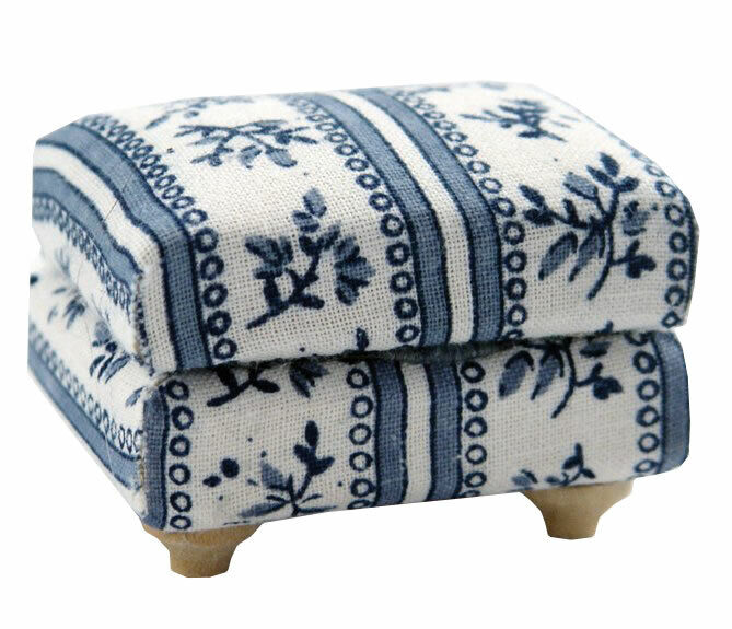 Blue & White Flower Patterned Cushioned Footstool, Dolls House Miniature