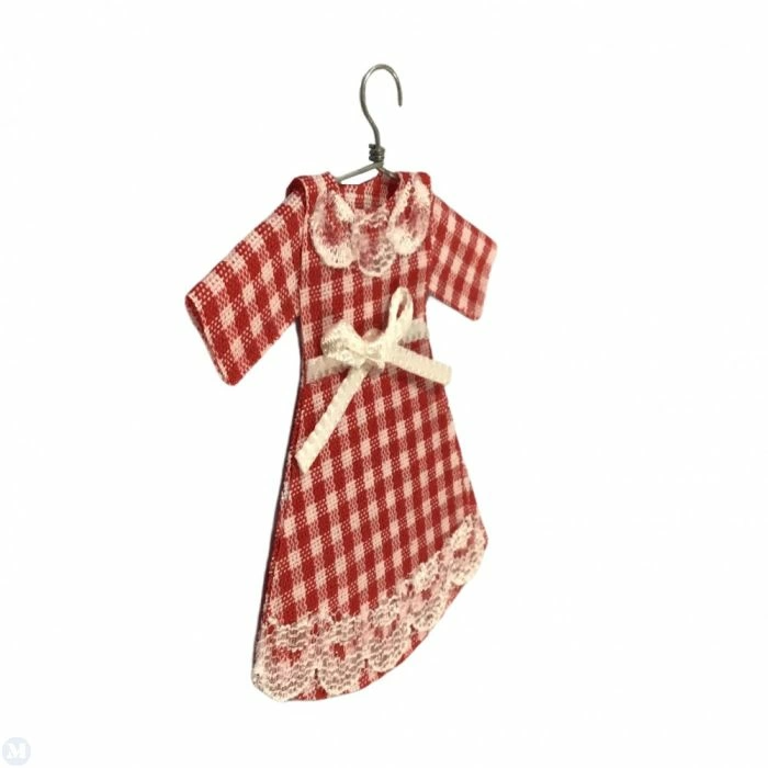Red Gingham Child's Dress On Hanger, Dolls House Miniature Doll Accessory