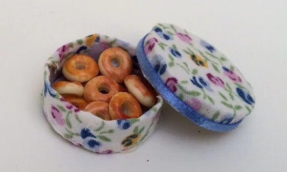 Donuts in a Floral Round Box, Doll House Miniature, 1.12 Scale Food