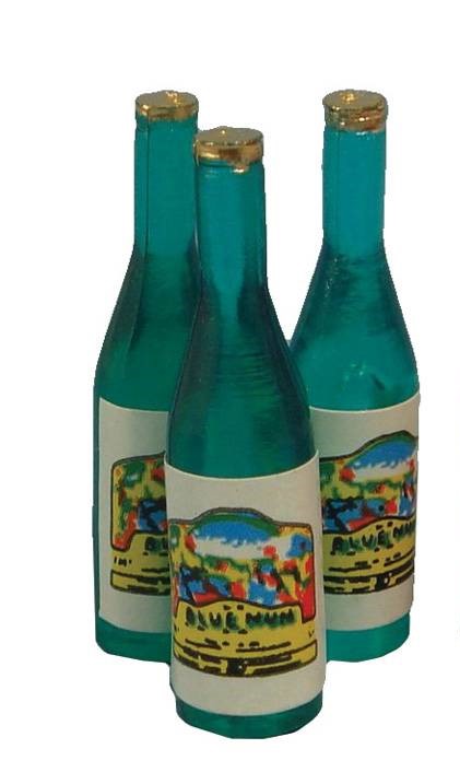 3 Green Wind Bottles, Dolls House Miiature, Alcohol Party White Wine