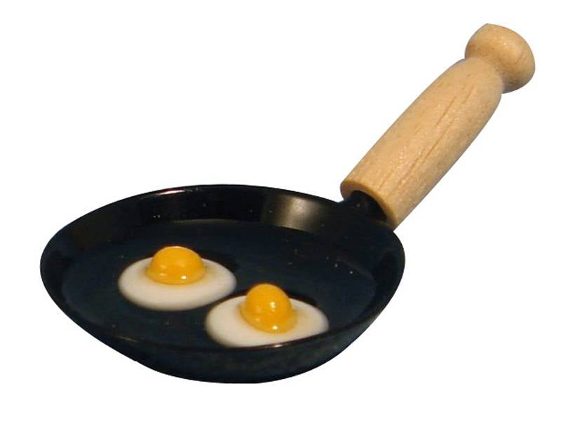 Frying Pans With Eggs & Wooden Handle, 1.12 Scale Dolls House Miniature