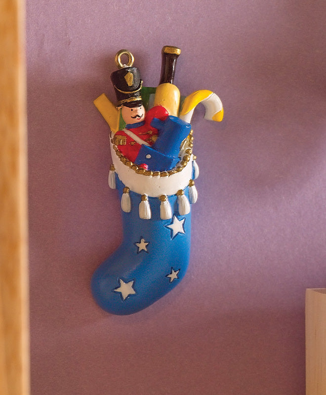 Boys Blue Filled Christmas Stocking, Dolls House Xmas Accessory, Miniature.
