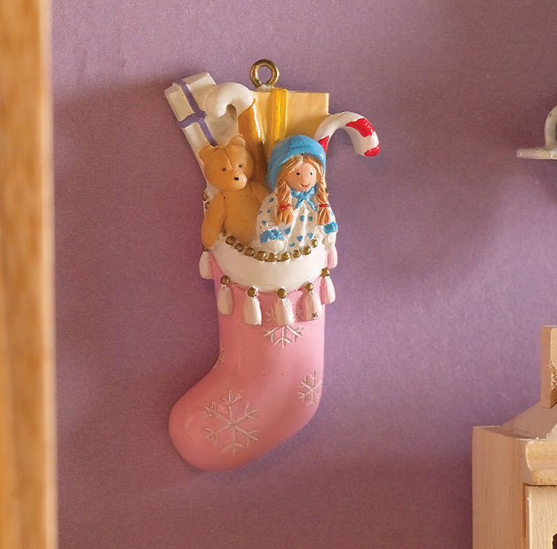 Girls Pink Filled Christmas Stocking, Dolls House Xmas Accessory, Miniature.