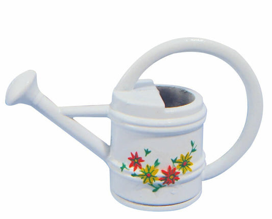 White Watering Can With Flower Design, Dolls House Garden Miniature