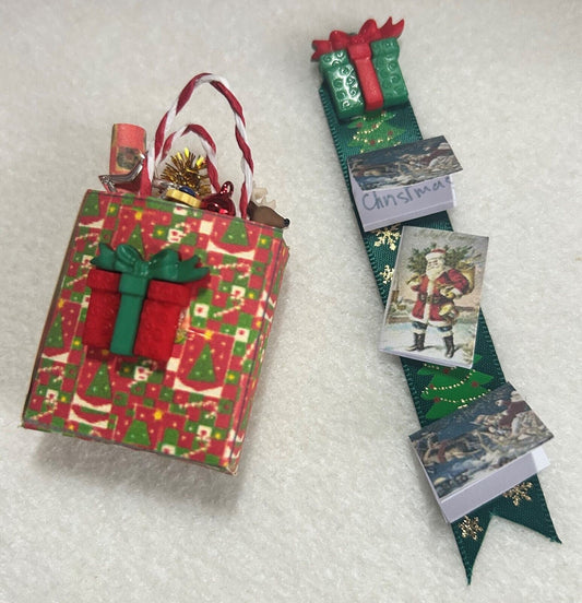 Handmade Christmas Bag & Card Display, Doll House Miniatures, Xmas 1.12th