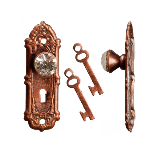 Crystal Opryland Door Handles In Bronze With Keys, Dolls House Miniatures