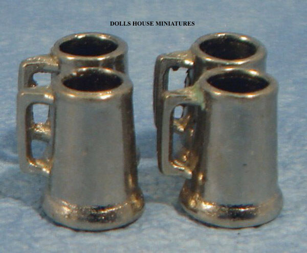 Four Small Pewter Tankards, Dolls House Miniature Drink Cup Pub Kitchen Dining.