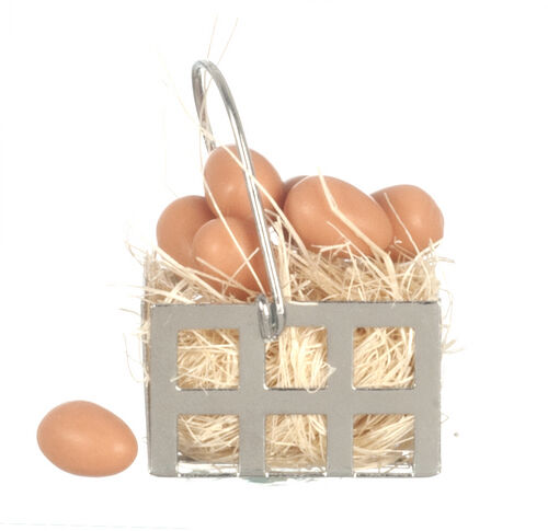 Eggs In Metal Basket, Dolls House Miniatures, 1.12 Scale Accessory Chicken Eggs,