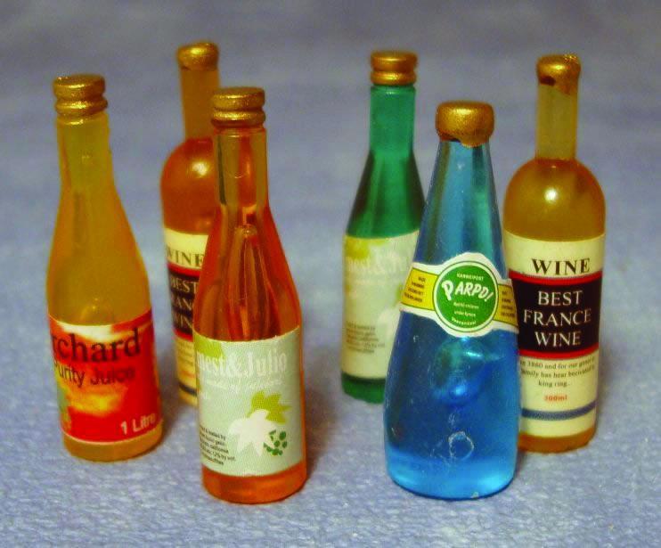 Six Mixed Wine Bottles , Doll House Miniatures 1.12 Scale
