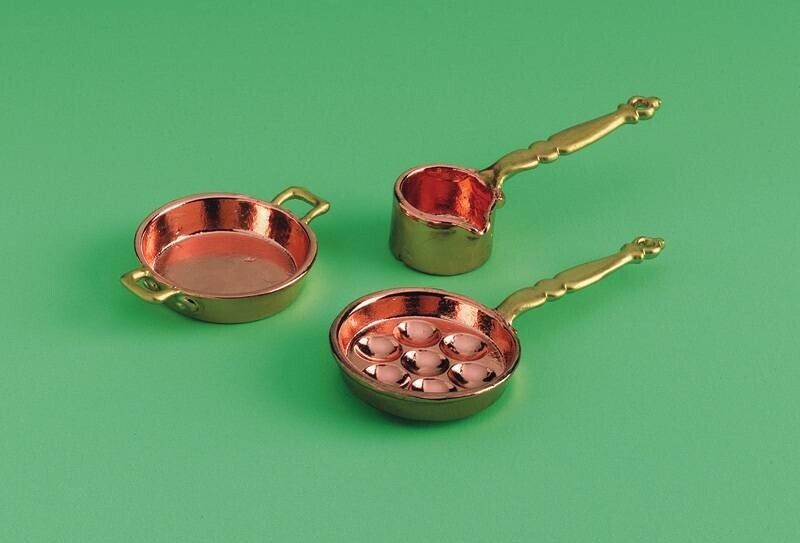 Three Copper / Brass Pans, Doll House Miniatures, Cookware Kitchen Accessory