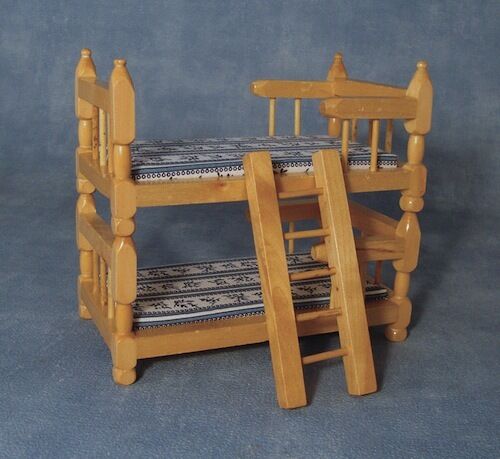 Pine Bunk Bed with Pattern on the Mattress Dolls House Miniature