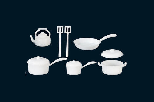 White Kitchenware Pots & Pans Set, Dolls House Miniature,1.12 Scale
