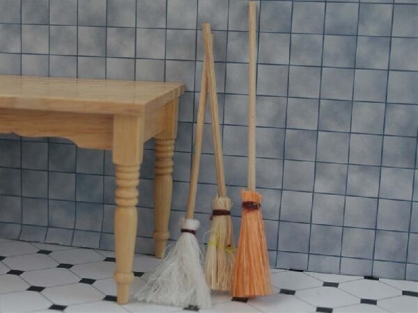 Set Of Three Wooden Brooms, Dolls House Miniatures
