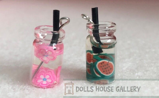 2 Fruit Tea's In A Glass Jar 18mm, Doll House Miniatures, Kitchen 1;12 Scale
