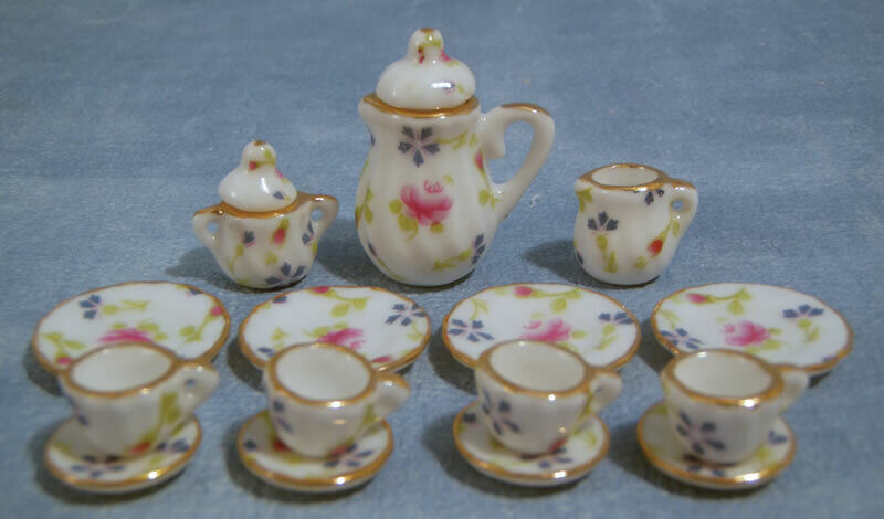 17 Piece Coffee Set With Floral Pattern, Dolls House Miniatures, Dining, UK Tea