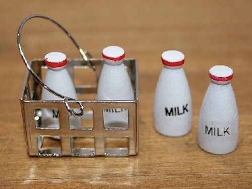 Crate with Four Milk Bottles, Dolls House Miniatures Kitchen Accessory